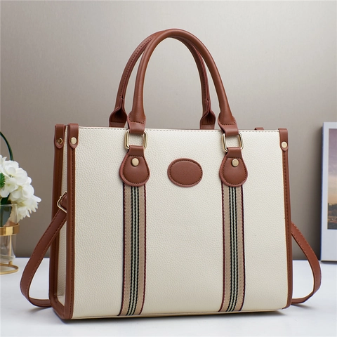 Damen Vintage Litschistruktur PU Leder Tote Bag Mit Gurtband-Dekoration Große Kapazität Handtasche Umhängetasche