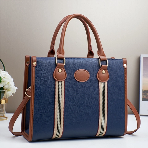 Damen Vintage Litschistruktur PU Leder Tote Bag Mit Gurtband-Dekoration Große Kapazität Handtasche Umhängetasche