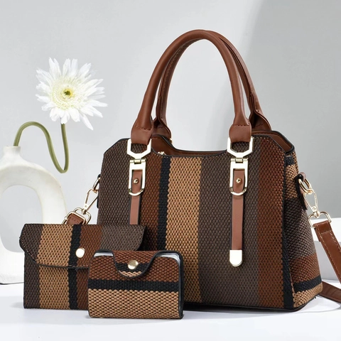 Tote Handbag And Clutch Wallet And Card Holder Woven Canvas PU Leather Striped Vertical Large Capacity Shoulder Strap