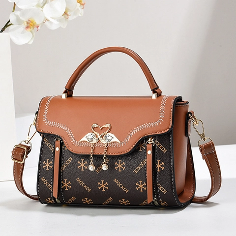 Women's Elegant PU Leather Handbag With Swan Pendant Artificial Pearl Monogram Print Shoulder Bag Fashion Versatile Crossbody Bag