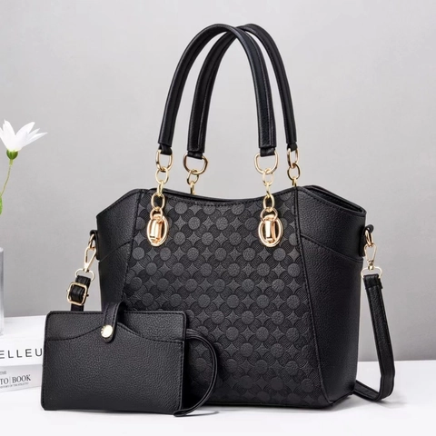 Borsa A Mano Da Donna E Portafoglio Pelle PU Motivo Circolare Goffrato Grande Capacità Elegante Trendy Manico Catena Dorata