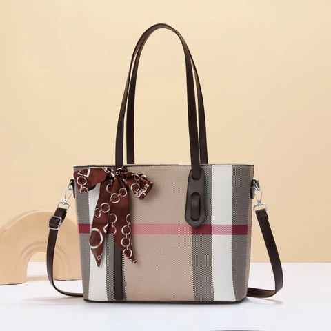 Women Large Capacity Plaid Tote Bag PU Leather Handbag With Scarf Decoration Commuter Shoulder Crossbody Bag Daily Bag