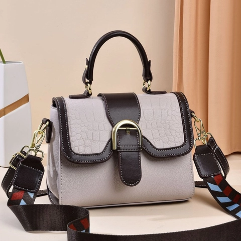 Women Crossbody Bag PU Leather Croco Embossed Lychee Pattern Wide Fabric Strap Vintage Square Shoulder Handbag Trendy