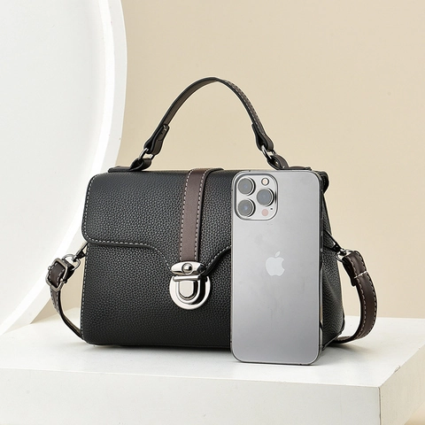 Borsa a Spalla da Donna in Pelle PU con Trama Litchi Borsa a Mano con Chiusura in Metallo Cuciture a Contrasto Quotidiana