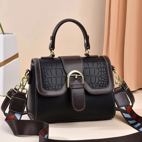 Women Crossbody Bag PU Leather Croco Embossed Lychee Pattern Wide Fabric Strap Vintage Square Shoulder Handbag Trendy