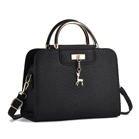 Borsa a Tracolla da Donna in PVC Moda Texture Litchi Borsa a Mano Con Pendaglio Cervo Oro Borsa Quadrata per Lavoro Quotidiano