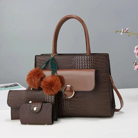 Sac À Main Fourre-Tout Pour Femme En Cuir PU Motif Crocodile Avec Pochette Portefeuille Et Pompon Grande Capacité Mode