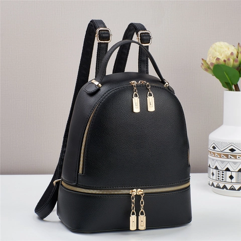 Damen Mode Rucksack Minimalistisch PU Leder Lychee Muster Doppelreißverschluss Lässig Pendler Schultertasche Goldene Hardware