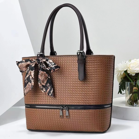 Women Woven PU Leather Bucket Bag With Silk Scarf Large Capacity Commuter Tote Bag For Daily Handheld Crossbody Shoulder Bag