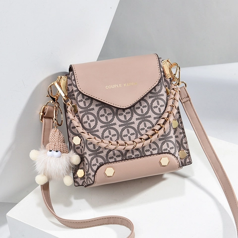 Women Mini Crossbody Phone Bag Fashion PU Leather Geometric Print Square Bag With Plush Charm Metal Chain Small Shoulder Bag