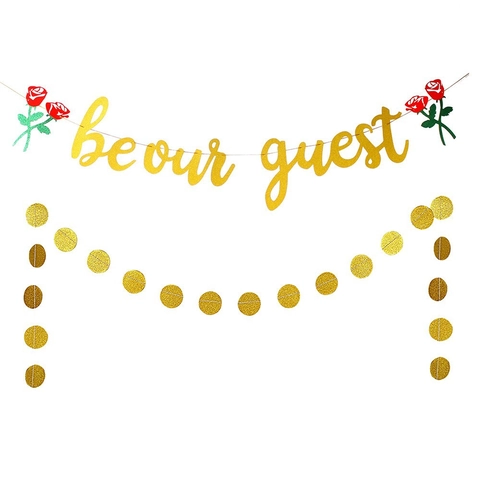 Gouden Glitter Be Our Guest Feest Banner Met Rode Rozen Decoraties En Ronde Stip Slingers Voor Bruiloft Verjaardag Feest Decor