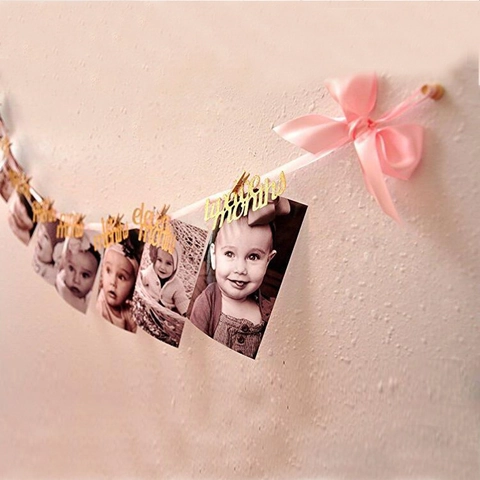 Ghirlanda Fotografica Mensile Neonato Primo Compleanno Cartoncino Glitterato Nastro Mollette Legno Decorazione