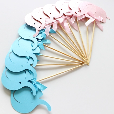 Schattige Olifant Taarttoppers Met Satijnen Lint Strik Papieren Dessertprikkers Voor Babyshower Verjaardag Feest Decoraties