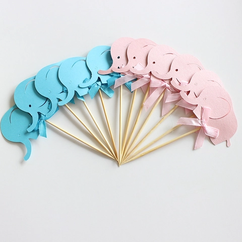 Elephant Cake Toppers Glitter Paper Wood With Ribbon Bowknot For Baby Shower Gender Reveal Party Decoration Boy Girl