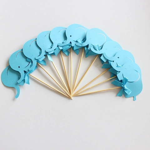 Elephant Cake Toppers Glitter Paper Wood With Ribbon Bowknot For Baby Shower Gender Reveal Party Decoration Boy Girl