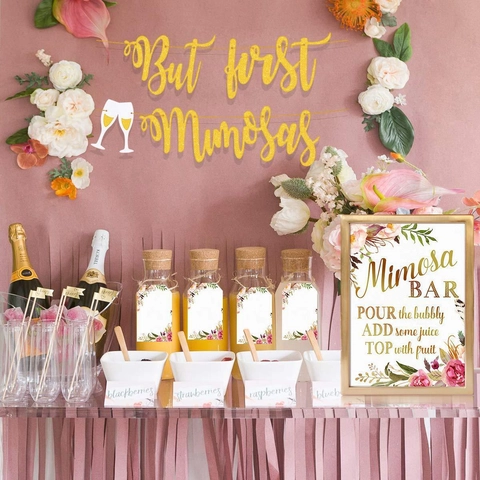 Glitter Paper But First Mimosas Banner For Bridal Shower Wedding Birthday Brunch Party Decoration Garland Hangings