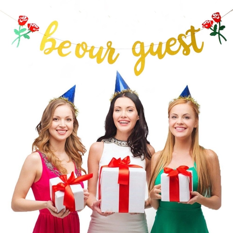 Gold Glitter Be Our Guest Party Banner With Red Rose Decorations And Circular Dot Garland For Wedding Birthday Party Decor