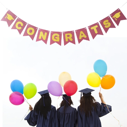 Graduation Banner Congrats Bunting Glitter Gold Letter Doctorate Hat Paper Swallowtail Flag Burgundy Party Backdrop