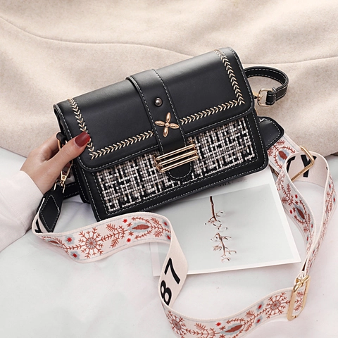 Women Retro Tweed Patchwork PU Leather Small Square Bag Wide Embroidered Strap Gold Flower Buckle Crossbody Shoulder Bag