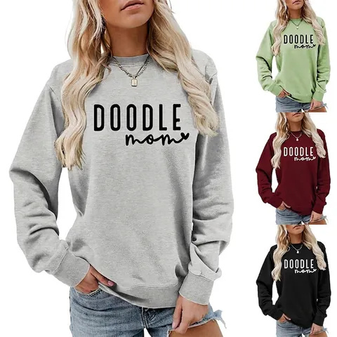 Sweat-shirt Femme Décontracté en Mélange de Coton Imprimé Lettres Doodle Mom Cœur Col Rond Manches Longues Pull Ample Top Mode
