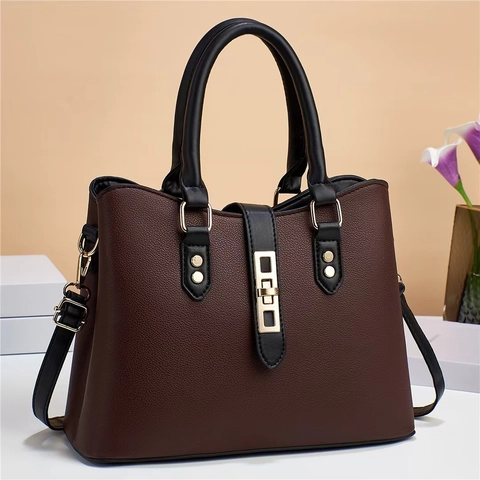 Retro Lychee Pattern PU Leather Handbag For Women Vintage Contrast Color Tote Shoulder Crossbody Bag With Gold Hardware