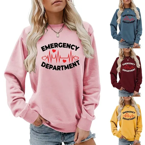 Sudadera de Cuello Redondo para Mujer Emergency Department ECG Impresión de Corazón Mezcla de Algodón Manga Larga Pullover Top