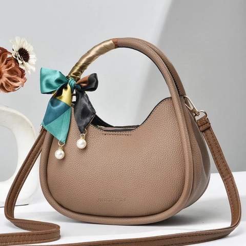 Women Trendy Litchi Pattern PU Leather Half Moon Hobo Bag Satin Scarf Artificial Pearl Pendant Shoulder Crossbody Handbag