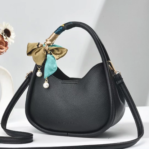 Women Trendy Litchi Pattern PU Leather Half Moon Hobo Bag Satin Scarf Artificial Pearl Pendant Shoulder Crossbody Handbag