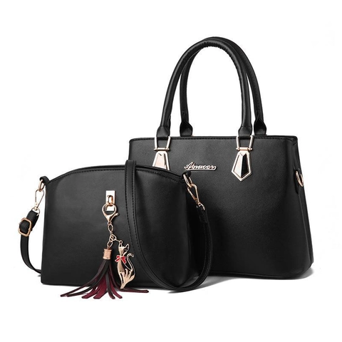 PU Leather Litchi Texture Women Handbags Shoulder Bag And Crossbody Bag With Cat Pendant Tassel Golden Hardware Elegant