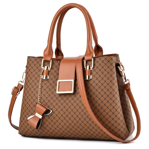 Borsa a Mano in Pelle PU Vintage con Motivo a Griglia per Donna Elegante Borsa a Tracolla Tote con Stampa a Lettere Fiocco Grande Capacità