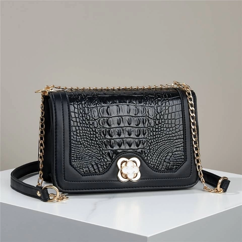 Elegant Women Shoulder Crossbody Bag PU Leather Crocodile Embossed Pattern Metal Chain Strap Fashion Square Flap Design
