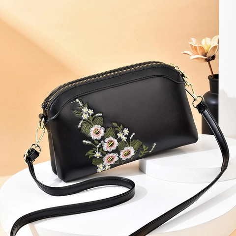 Floral Bestickte PU Leder Umhängetasche Für Damen Elegante Schultertasche Mit Mehreren Reißverschlussfächern