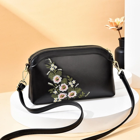 Floral Bestickte PU Leder Umhängetasche Für Damen Elegante Schultertasche Mit Mehreren Reißverschlussfächern