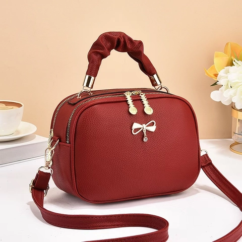 Borsa A Tracolla Da Donna Pelle PU Trama Ciottoli Manico Arricciato Ciondolo A Fiocco Doppia Cerniera Borsa A Spalla Moda