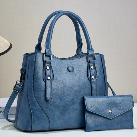 Vintage PU Leather Handbag Set For Women Tote Bag And Matching Clutch Purse With Rivet Decor Crossbody Shoulder Bag Gift