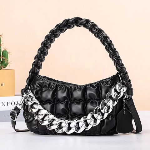 Women Rhombic Quilted Crossbody Bag With Chunky Silver Chain And Woven Handle PU Leather Fashion Shoulder Handbag For Casual Travel