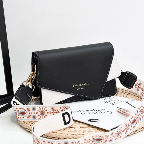 Women Fashion Color Block Crossbody Bag PU Leather Small Square Messenger Bag With Embroidery Wide Strap Casual Shoulder Bag