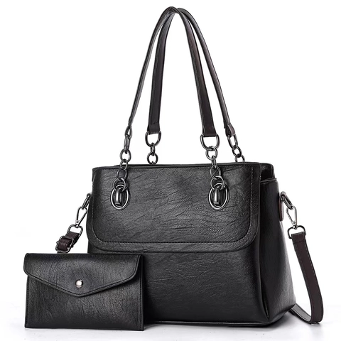 Women Large Capacity Synthetic Leather Tote Bag And Matching Wallet High Texture Shoulder Bag With Metal Chain Decoration