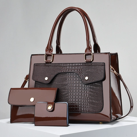 Women Patent PU Leather Crocodile Embossed Tote And Clutch And Card Holder Handbags Professional Commute Shiny Elegant