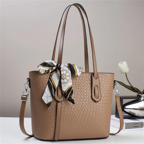 Große Shopper Handtasche Für Damen PU Leder Webstruktur Mit Satinnschal Abnehmbarer Gurt Business Pendler Stil