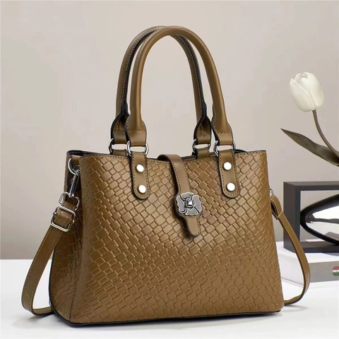 Sac à Main Femme Texture Tissée Sac à Bandoulière en Cuir PU Avec Bandoulière Amovible Sac Fourre-tout Fermoir Fleur Pour Quotidien