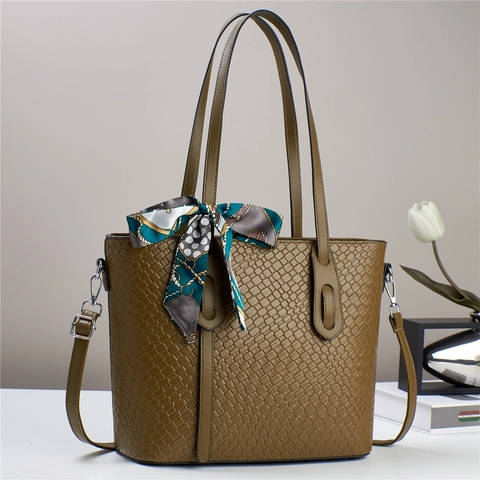 Große Shopper Handtasche Für Damen PU Leder Webstruktur Mit Satinnschal Abnehmbarer Gurt Business Pendler Stil