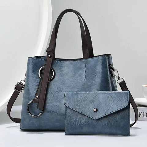 Vintage PU Leather Handbag And Envelope Pouch Women Shoulder Crossbody Bag Metal Ring Decor Retro Style