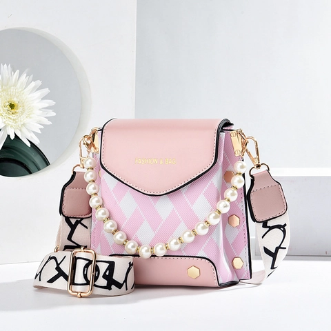 Fashion Women Lattice Crossbody Bag With Artificial Pearl Handle Wide Shoulder Strap PU Leather Small Square Bag For Daily Party