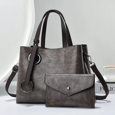 Vintage PU Leather Handbag And Envelope Pouch Women Shoulder Crossbody Bag Metal Ring Decor Retro Style