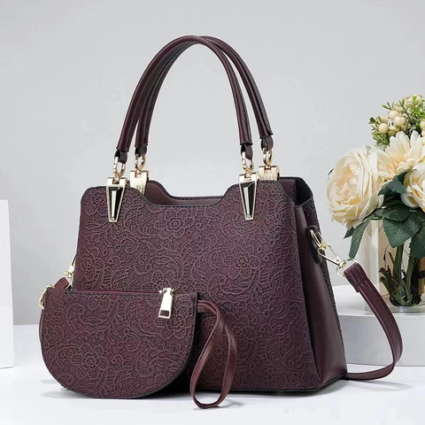 Sac À Main Et Pochette Avec Revêtement En Dentelle Florale Cuir PU Élégant Grand Sac Fourre-Tout Avec Bandoulière Amovible