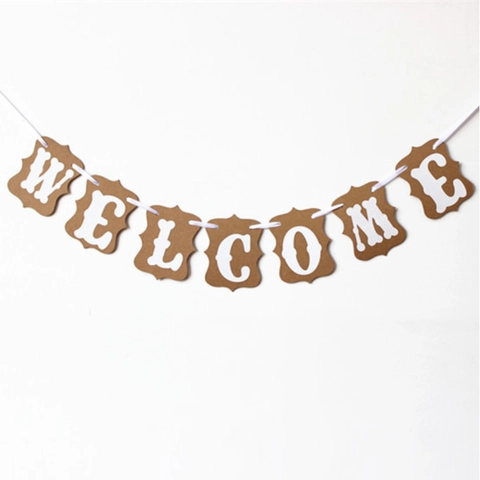 Vintage Πανό Welcome από Χαρτί Kraft Με Κυματιστά Άκρα Και Λευκά Γράμματα Ρουστίκ Κρεμαστή Γιρλάντα για Γάμο Γενέθλια Πάρτι Διακόσμηση Σπιτιού