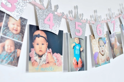 Glitter Crown Milestone Photo Banner Monthly Photo Garland For Baby First Birthday Party Decorations Milestone Banner