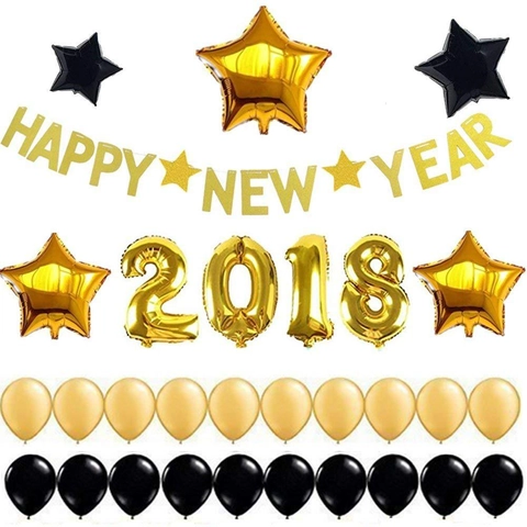 Glitter Happy New Year Banner Gold Black Hanging Garland For New Year Eve Party Decoration Home Ornament