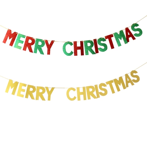 Glitter Merry Christmas Letter Banner For Party Home Decor Red Green Gold Christmas Hanging Garland Backdrop Decor